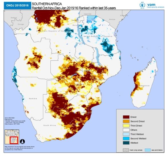 Precipitaciones estacionales desde octubre de 2015 a enero de 2016 en África austral clasificadas en relación a los últimos 35 años.