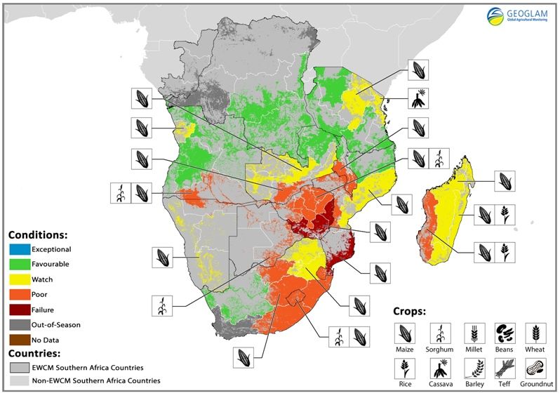 Evaluación GEOGLAM de varios organismos de las perspectivas de la cosecha de maíz en África austral.