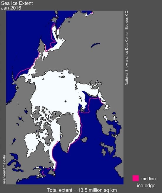 La extensión del hielo marino del Ártico para enero de 2016 fue de 13,53 millones de kilómetros cuadrados (5,2 millones de millas cuadradas). La línea de color magenta muestra la magnitud mediana para ese mes en el periodo 1981-2010. La cruz de color negro indica el Polo Norte geográfico.