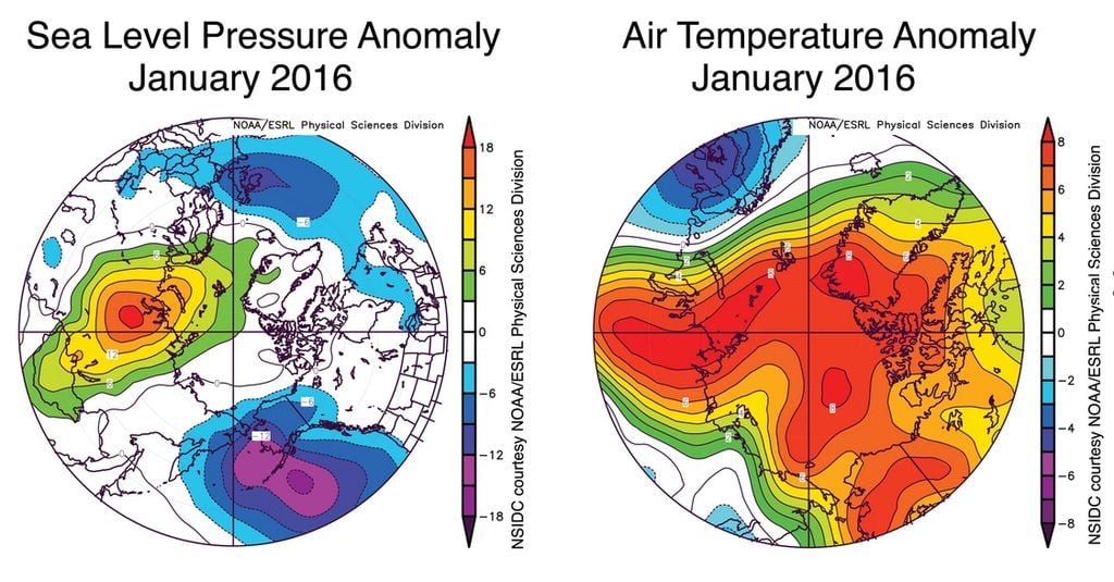 Presión media a nivel del mar, izquierda, y la anomalía de temperatura a 925 hPa (1.000 m aproximadamente) para enero de 2016.