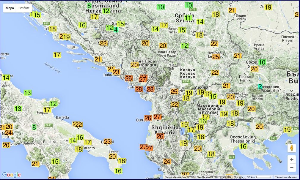 Temperaturas máximas alcanzadas en Europa el 16 de febrero de 2016 y detalle de la zona de los Balcanes.