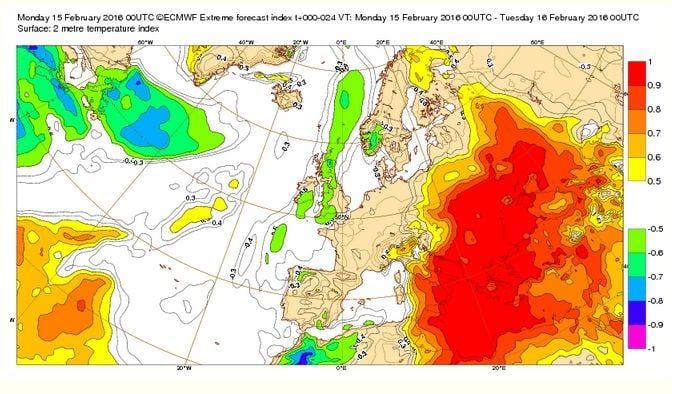 Grado de rareza normalizado (-1/+1) de la situación atmosférica del 16 de febrero de 2016 referido a la temperatura a 2m.