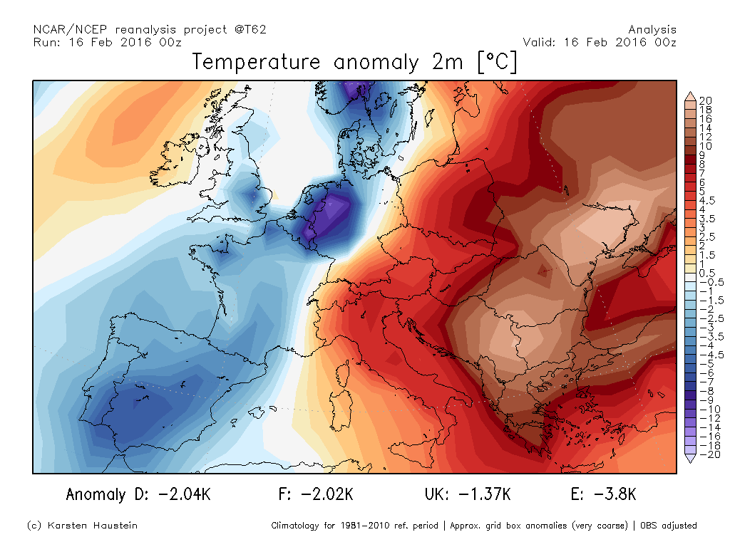 Anomalías de temperturas a nivel de 2m para el 16 de febrero de 2016 a las 00 UTC. Fuente: NOAA NCEP
