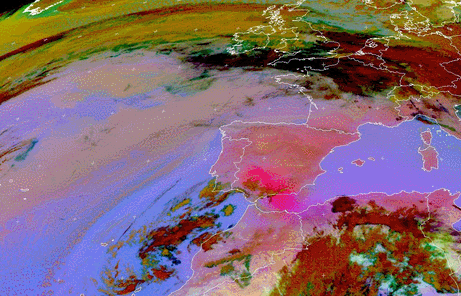 Imágenes realzadas tipo “dust” de Meteosat de primeras horas del 21 de octubre de 2016. “Nube de polvo” realzada en rosa intenso