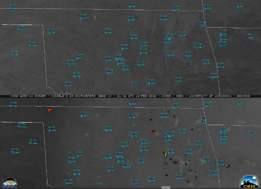 Imágenes de GOES-14 en el canal visible 0.63 µm (arriba) y en el canal IR 3.9 µm (abajo) Pulsa para ver su animación.