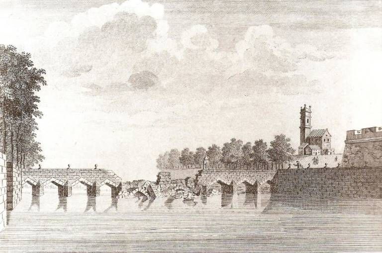 Lámina de Antonio Cavanilles. Puente del Mar tras el desbordamiento del Turia el 5 de noviembre de 1776 en Valencia.