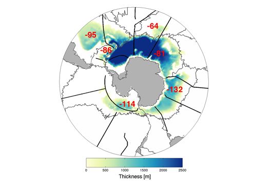 Capa de agua fría con sectores de distinto grosor, donde los oscuros son los más gruesos, y los claros los más delgados. Los números rojos indican la velocidad, en metros por década, de la reducción del grosor de cada sector. (FUENTE: NOAA)