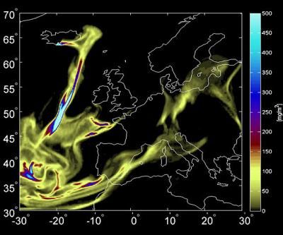 Salida de un modelo numérico con la evolución del penacho volcánico del islandés Eyjafjallajökull Crédito de la imagen: FLEXPART/MLU