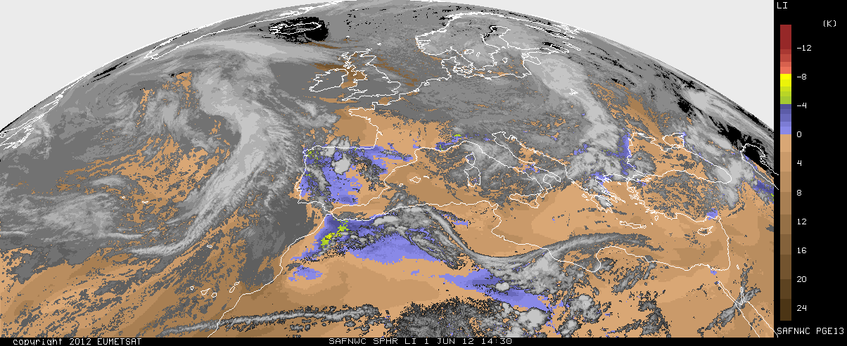 a) Los signos de la instabilidad peninsular se observan ya en los focos convectivos nubosos según imagen del 1 junio 2012 a las 14:30 UTC y en las áreas coloreadas donde el índice de inestabilidad por ascenso, LI, da señales en aire claro con tonalidades azules y verdes, asociados a valores negativos que equivalen a inestabilidad y según escala adjunta. IMAGEN GENERAL Nótese la inestabilidad en Galicia asociada a tonalidades verdes (ente -4 y -8) Imágenes del SAF de Nowcasting Fuente: AEMET-EUMETSAT