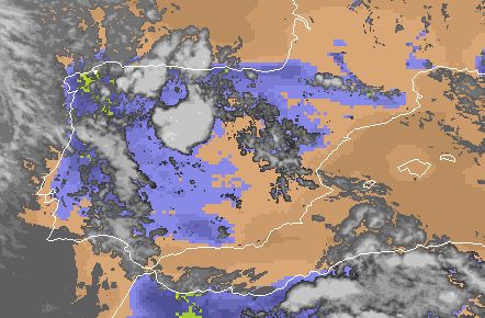 b) Los signos de la instabilidad peninsular se observan ya en los focos convectivos nubosos según imagen del 1 junio 2012 a las 14:30 UTC y en las áreas coloreadas donde el índice de inestabilidad por ascenso, LI, da señales en aire claro con tonalidades azules y verdes, asociados a valores negativos que equivalen a inestabilidad y según escala adjunta. DETALLE. Nótese la inestabilidad en Galicia asociada a tonalidades verdes (ente -4 y -8) Imágenes del SAF de Nowcasting Fuente: AEMET-EUMETSAT