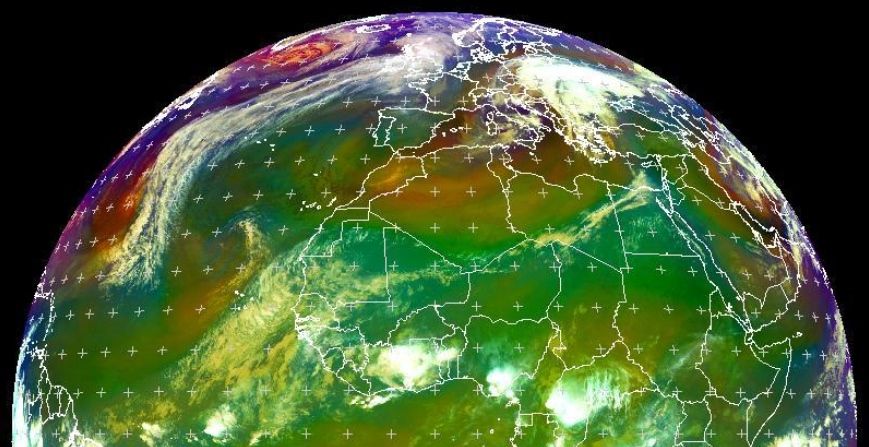 Imagen de "masas de aire" de las 00 UTC del 1 de marzo de 2016. Fuente: EUMETSAT