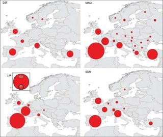 Estacionalidad de las situaciones de lluvias de barro/”sangre” en Europa