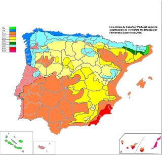 Mapa climático de España y Portugal utilizando la clasificación de Trewartha modificada
