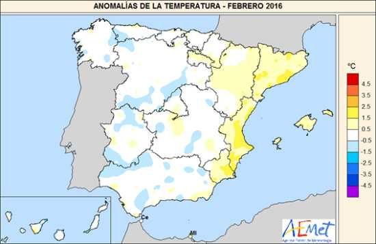 Anomalías de temperatura febrero 2016