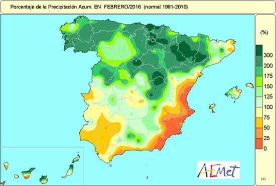 Porcentaje de precipitación acumulada en febrero 2016 respecto a lo normal