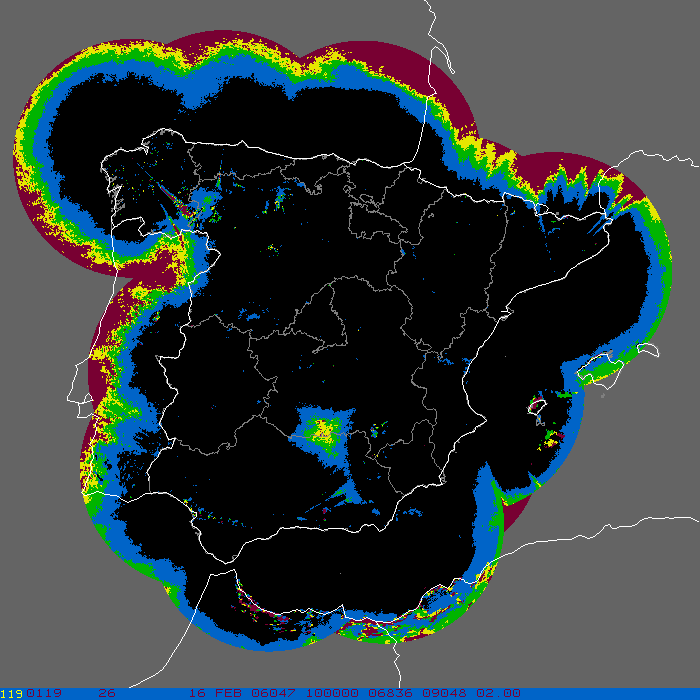 Imagen experimental de calidad de la red de radares donde se aprecia la necesidad de poner un radar en la zona de Ciudad Real, donde se ve que en esa zona la cobertura de la red es deficiente.