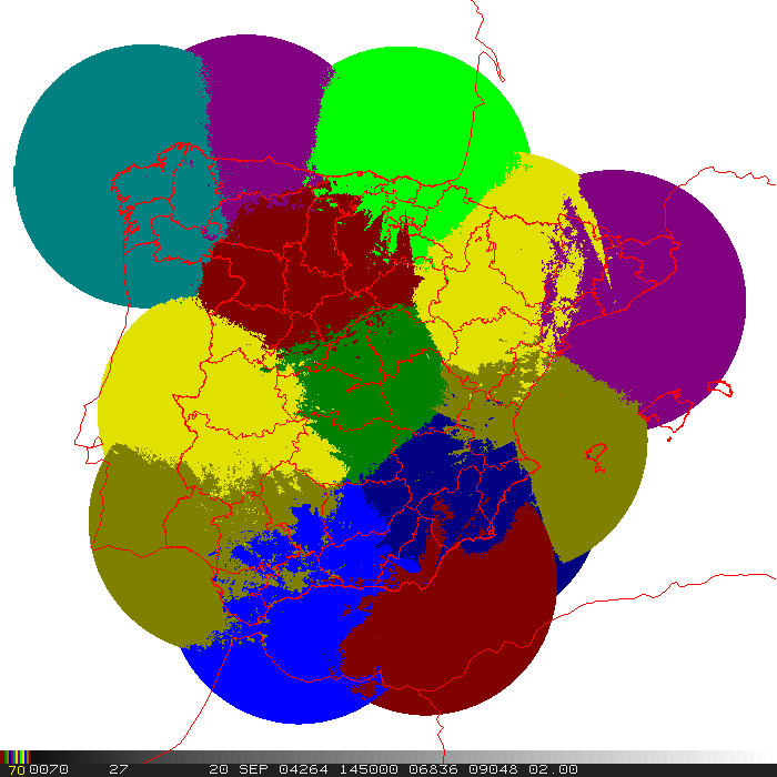 Imagen de cobertura mosaico nacional con las áreas donde cada radar es prioritario según el criterio OPTIMO en la composición y que da idea de cual es el radar que ve mejor en cada punto.