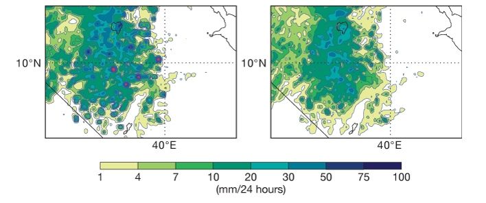 Precipitación acumulada de 24 horas para los pronósticos de 24 horas a partir del 15 de julio el año 2015 00 UTC en el Cuerno de África, cerca del lago Tana. Las previsiones se produjeron utilizando el ciclo anterior modelo (41r1 - izquierda) y el nuevo ciclo del modelo (41r2 - derecha). Los puntos rojos en la previsión de 41r1 muestran la ubicación de 'tormentas de punto de retícula' espumeas donde la precipitación acumulada predicha es superior a 100 mm.