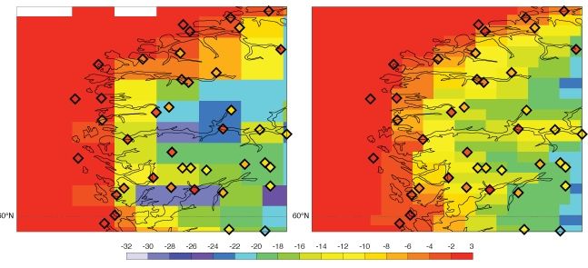 Predicciones de control del sistema por conjuntos a doce horas de la temperatura de 2 metros de una zona costera de Noruega válido a las 12 UTC del 7 de enero de 2016. Las previsiones se produjeron utilizando el ciclo anterior modelo (41r1 - izquierda) y el nuevo ciclo del modelo (41r2 - derecha). Los diamantes muestran temperaturas observadas. Los gráficos muestran que las zonas frías espurias han desaparecido en los pronósticos del nuevo ciclo, 41r2, gracias a la resolución más alta, así como la mejora de la física de radiación en el nuevo ciclo del modelo.