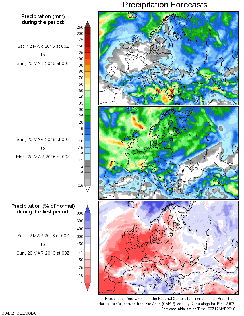 Mapas de precipitación prevista para los periodos 12-20 marzo, arriba, 20-28 marzo, central, y porcentaje de precipitación de la primera semana, abajo.