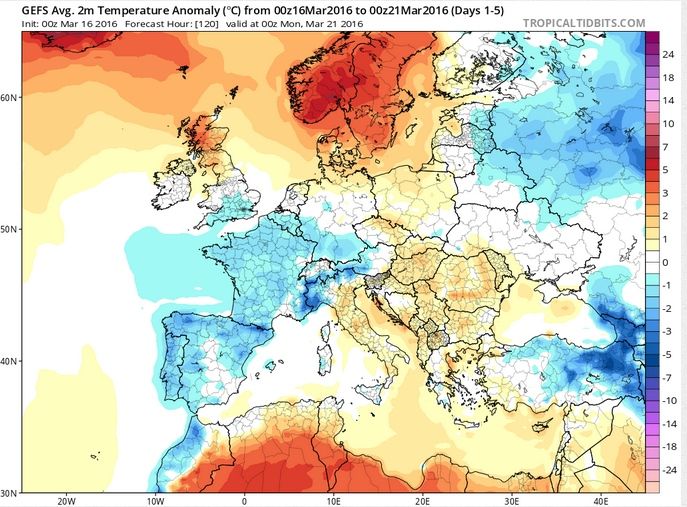Anomalías de temperatura para el periodo 16-21 marzo de 2016. Modelos GEFS