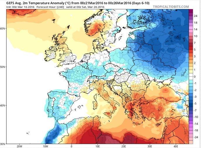 Anomalías de temperatura para el periodo 21-26 marzo de 2016. Modelos GEFS