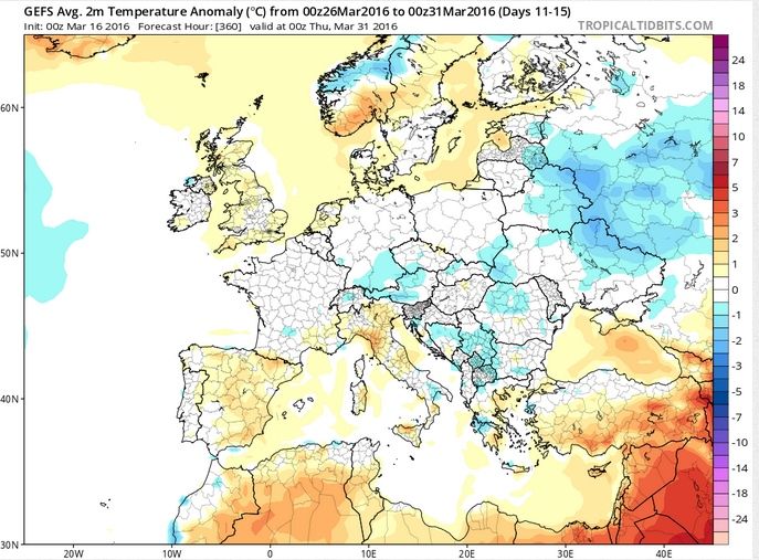 Anomalías de temperatura para el periodo 26-31 marzo de 2016. Modelos GEFS