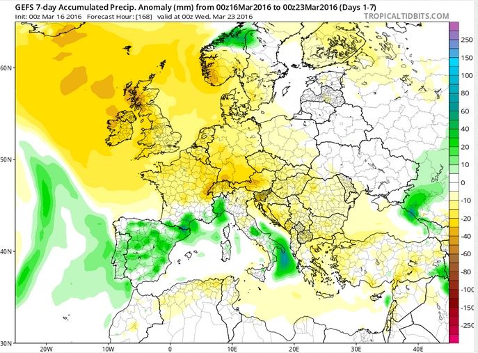 Anomalías de precipitación en la semana del 16-23 marzo de 2016. Modelos GEFS