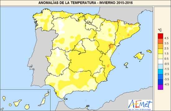 Anomalías de temperatura invierno 2015-2016