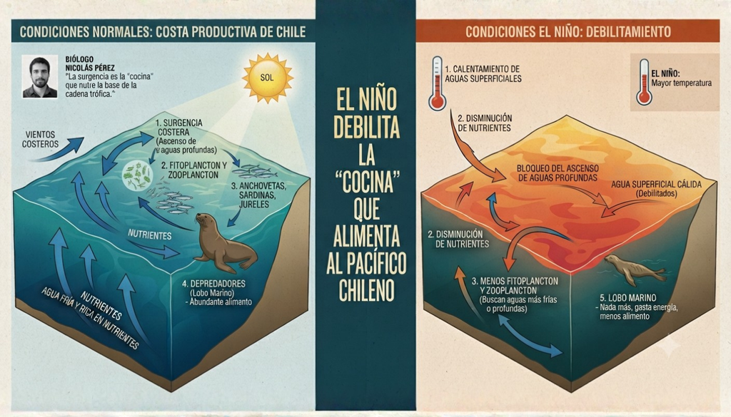 La surgencia costera permite que aguas frías y ricas en nutrientes asciendan hacia la superficie, alimentando al fitoplancton y sosteniendo gran parte de la cadena trófica del Pacífico chileno. La surgencia costera permite que aguas frías y ricas en nutrientes asciendan hacia la superficie, alimentando al fitoplancton y sosteniendo gran parte de la cadena trófica del Pacífico chileno.