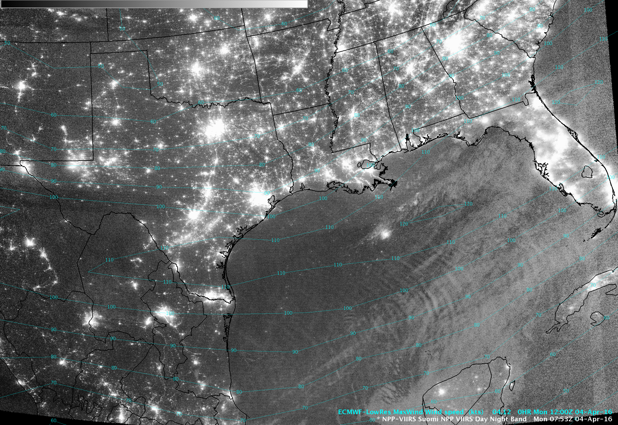 Imágenes de la banda día/noche de Suomi NPP Imágenes de la banda día/noche (0,7 um) de Suomi NPP y de la banda infrarroja (11,45 um) con el mapa de isotacas del viento máximo del modelo ECMWF