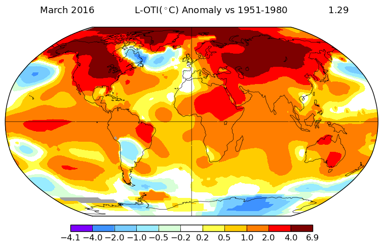 Anomalía térmica global de marzo 2016 respecto al periodo de referencia 1951-1980. Crédito: NASA