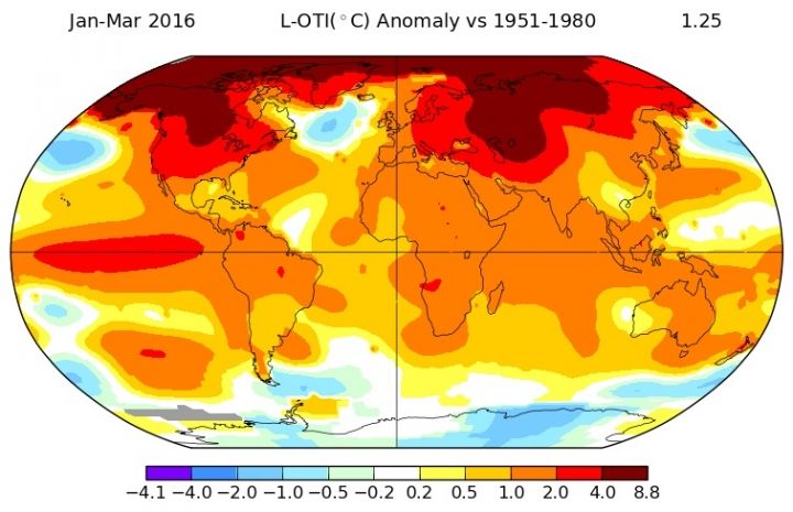 Anomalía térmica global de enero hasta marzo 2016 respecto al periodo de referencia 1951-1980. Crédito: NASA