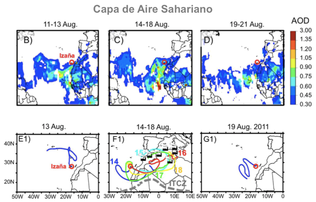 Fig. 1. Capa de Aire Sahariano detectada desde satélite (sensor MODIS – parámetro: espesor óptico de aerosoles)