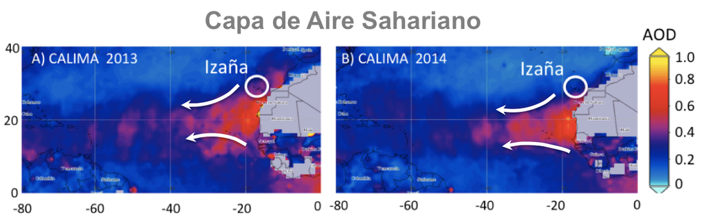 Fig. 1. Capa de Aire Sahariano (escala rojiza) detectada desde satélite (sensor MODIS – parámetro: Espesor Óptico de Aerosoles AOD)