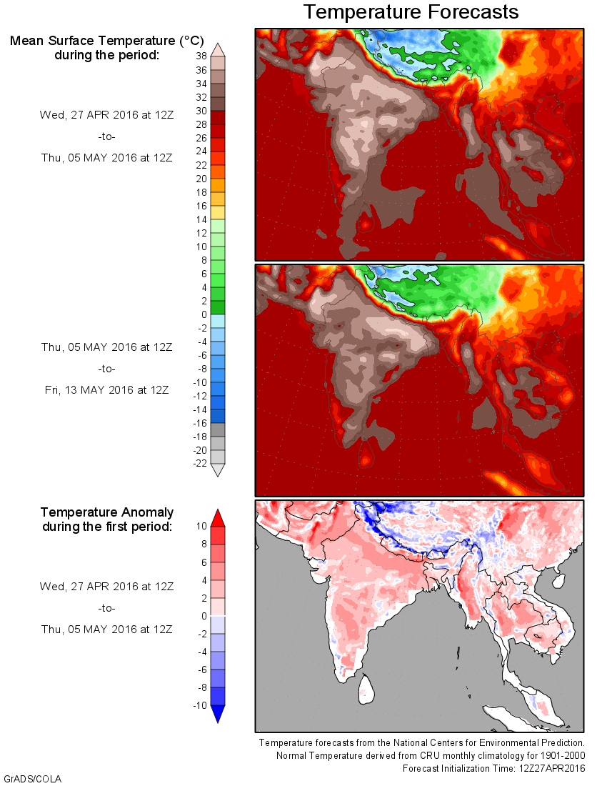 Predicción para las dos próximas semanas de la temperatura en las zonas afectadas y anomalías de la primera semana.