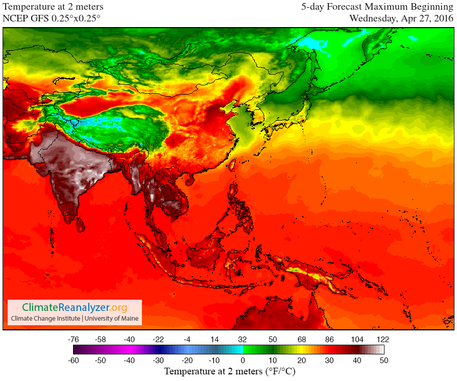 Temperatura máxima a 5 días vista en Asia con la pasada del 27 abril de 2016, según modelos GFS.