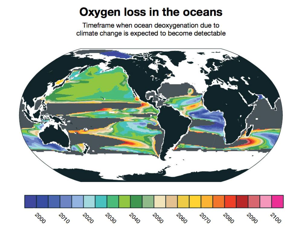 Figura 2.- Mapa cronológico que muestra en qué momento perderá el oxígeno las distintas zonas oceánicas terrestres, debido al impacto del cambio climático. Fuente NCAR