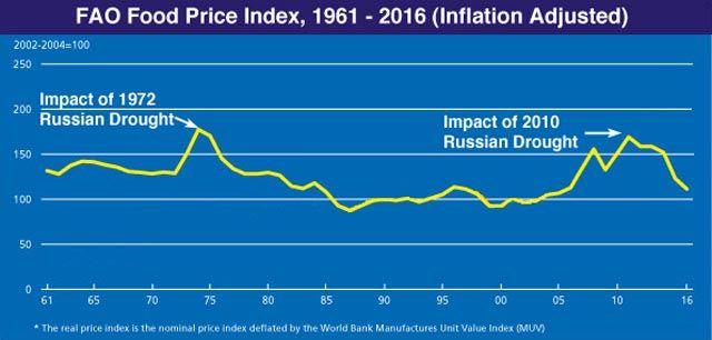 Índice del precio de los alimentos de la FAO entre 1990 - 2016, ajustado a la inflación. Las sequías e inundaciones afectan a este índice de forma significativa por la ley de la oferta y demanda.