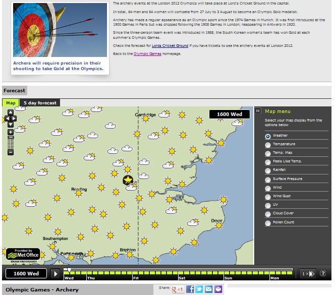 Capturas de la página web dedicada de la Met Office a los Juegos Olímpicos de 2012