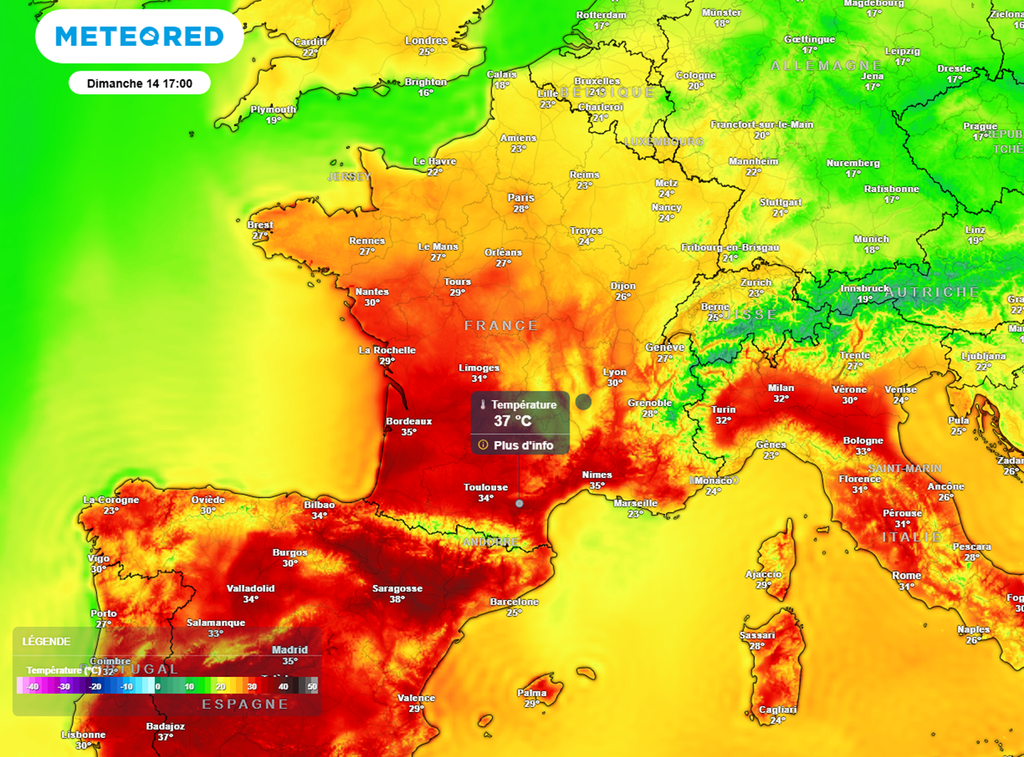 La chaleur sera localement forte dans un large quart sud-ouest dimanche, avec localement plus de 35°C. La chaleur sera localement forte dans un large quart sud-ouest dimanche, avec localement plus de 35°C.