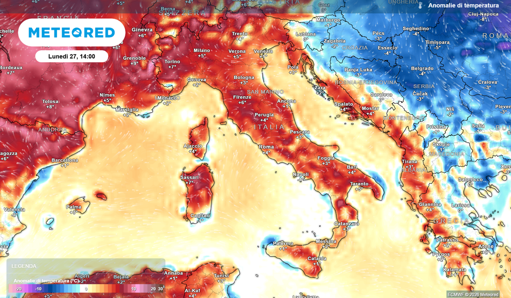 Fino all'inizio della prossima settimana le temperature torneranno ad aumentare, con anomalie termiche positive praticamente ovunque.