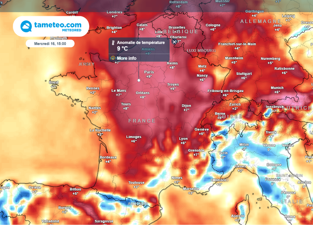 Anomalie température mercredi 16 octobre après-midi