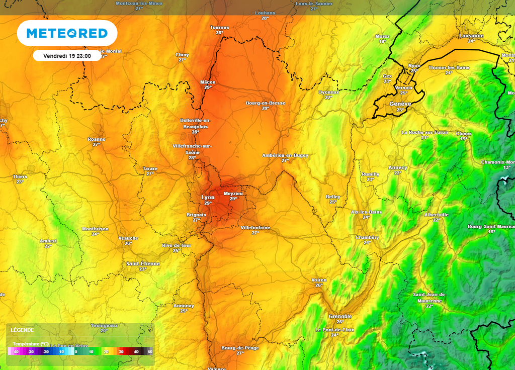 Températures prévues dans la région de Lyon durant la nuit de vendredi à samedi Températures prévues dans la région de Lyon durant la nuit de vendredi à samedi