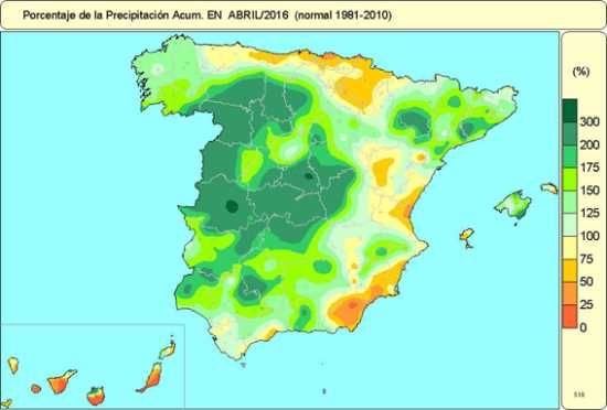 Porcentaje de la precipitación acumulada respecto a lo normal en abril 2016