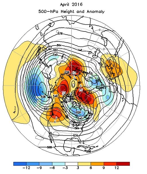 Figura 1. Geopotencial medio en 500 hPa y anomalías para abril de 2016 y para el Hemisferio Norte, respecto al periodo base de 1981-2010. Figura 1. Geopotencial medio en 500 hPa y anomalías para abril de 2016 y para el Hemisferio Norte, respecto al periodo base de 1981-2010.