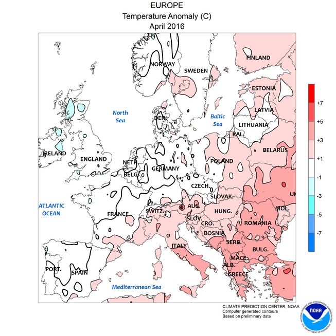 Figura 6 - a. Mapas de anomalías de temperatura para abril 2016 en parte de Europa Figura 6 - a. Mapas de anomalías de temperatura para abril 2016 en parte de Europa
