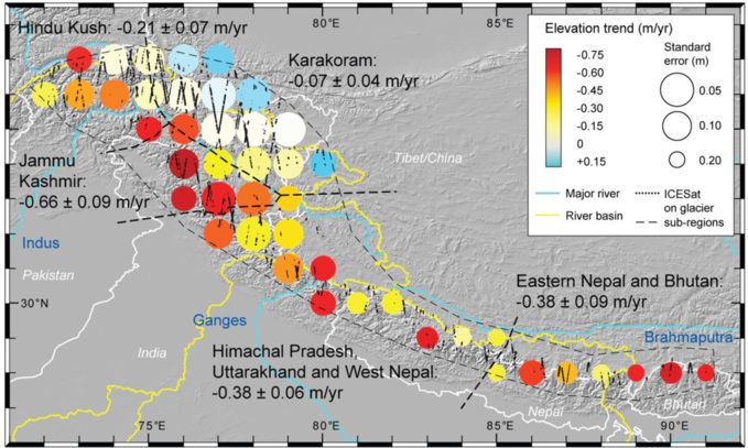 Foto: Evaluación de los cambios en los glaciares de Himalaya. A. Kääb (modified after Kääb et al., 2012). ESA. Evaluación de los cambios en los glaciares de Himalaya. A. Kääb (modified after Kääb et al., 2012). ESA.