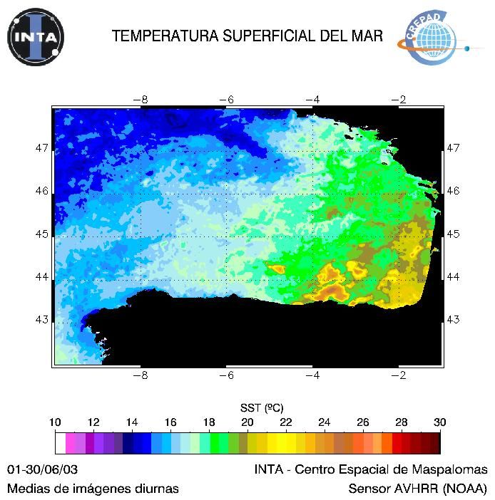 Mapa de falsos colores con la temperatura de la superficie del mar Mapa de falsos colores con la temperatura de la superficie del mar registrada en promedio para todo el mes de junio de 2003 en el mar Cantábrico. FUENTE: INTA/ CREPAD