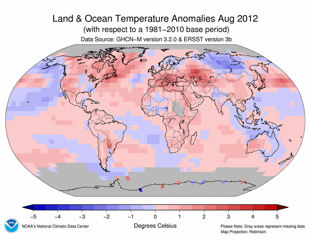 Anomalías de temperaturas de tierra y océano de agosto de 2012 respecto al periodo de referencia 1981-2010. Anomalías de temperaturas de tierra y océano de agosto de 2012 respecto al periodo de referencia 1981-2010.